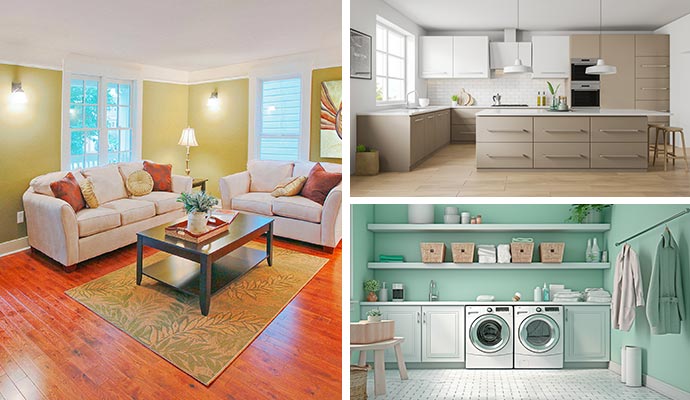 Collage of living, kitchen and laundry room