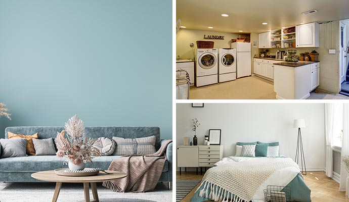 A collage showing a modern living room with a blue sofa, a basement laundry room with a washer and dryer, and a clean, minimalist bedroom