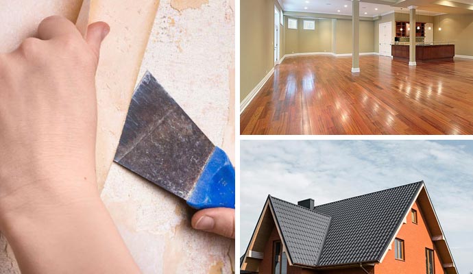 Collage of wallpaper removal, clean flooring and roofing services