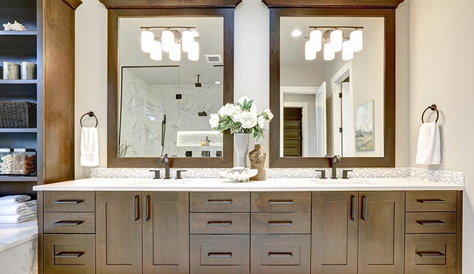 Double sink bathroom vanity cabinet Modern bathroom vanity cabinet with sink and storage drawers.