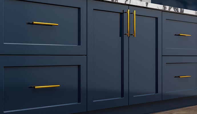 Freshly painted navy blue kitchen cabinets with smooth finish