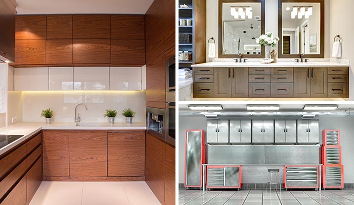 A collage showing refinished kitchen, bathroom, and garage cabinets with clean finishes and modern designs.