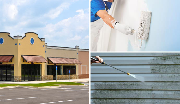 Collage of commercial building exterior, painting walls and pressure washing