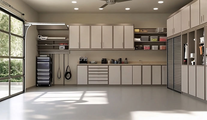 High-end custom garage with a full wall of storage cabinets.