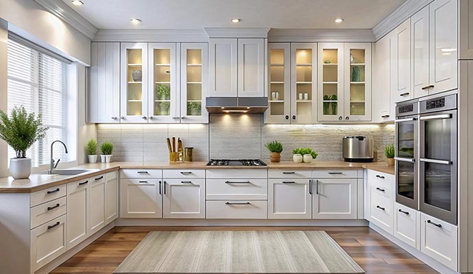A bright modern kitchen featuring freshly refinished white cabinets with glass doors and a clean, elegant finish.