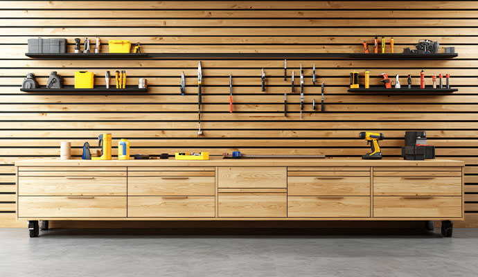 A clean workshop with a wooden slatwall and workbench.