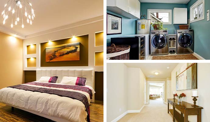 Collage of bedroom, laundry room, and home hallway
