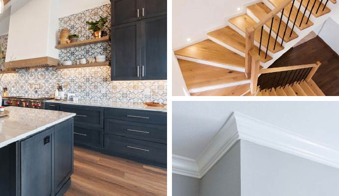Collage of painted cabinets, ceilings, stair rails