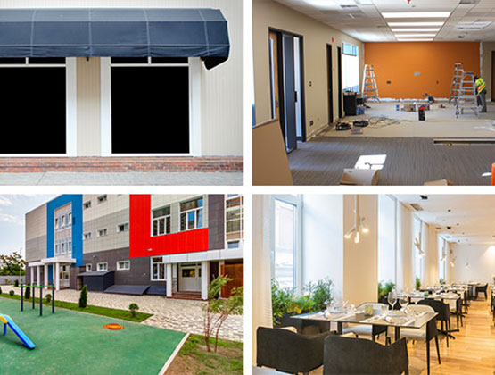 Collage of commercial and institutional properties renovation Collage of a storefront, an office renovation, a school, and a restaurant.