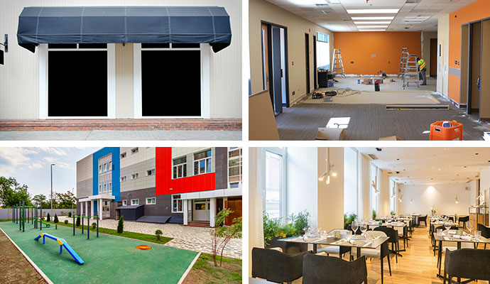 Collage of a storefront, an office renovation, a school, and a restaurant