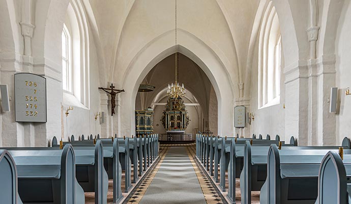 Church interior of a white and grey painting