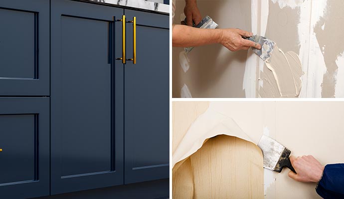 Collage of navy blue cabinets, drywall repair and wallpaper removal services Collage of navy blue cabinets, drywall repair and wallpaper removal services