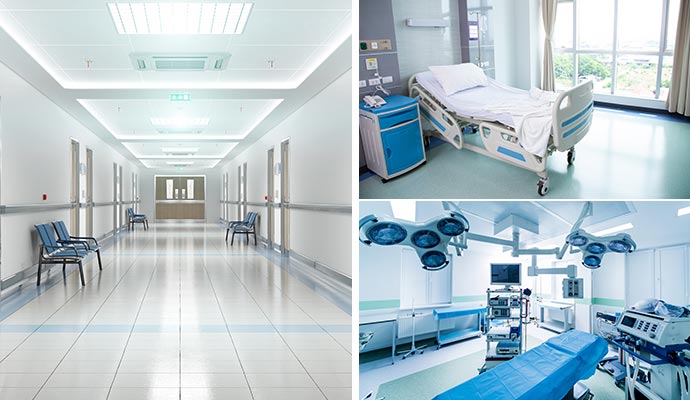 Collage of different hospital interiors