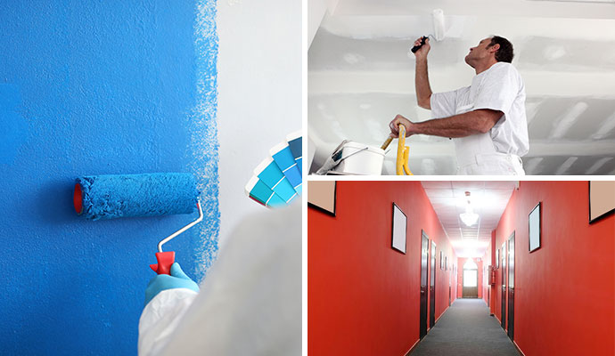 Collage of wall painting, ceiling painting, and painted hallway