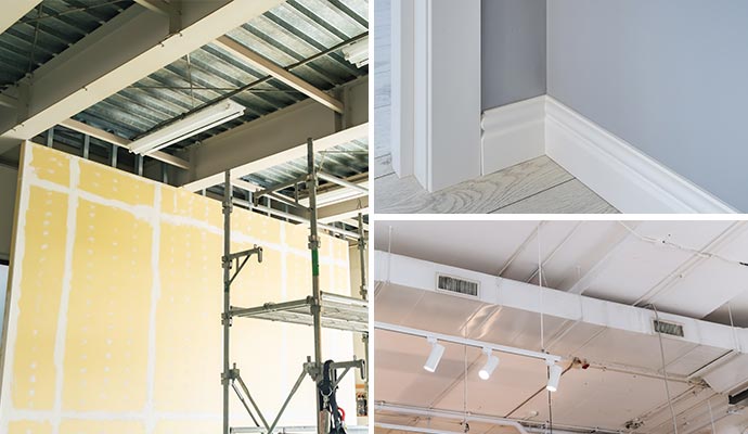 Collage of industrial warehouse wall, ceiling and baseboard Collage of industrial warehouse interior including wall, ceiling and baseboard