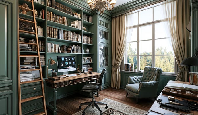 Library interior with colorful bookshelves fully stocked with books