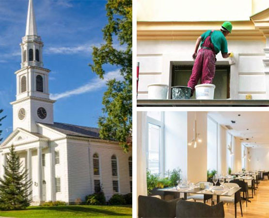 Collage of a classic white church, a painter restoring a building's exterior, and interior of a modern restaurant.