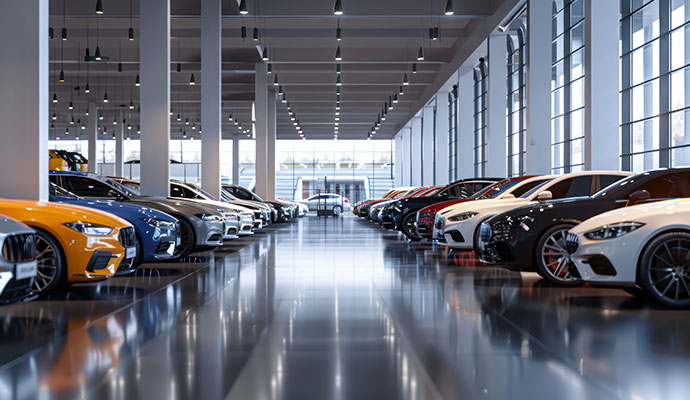 A long row of luxury cars in a showroom with professional interior painting and high-gloss floors.