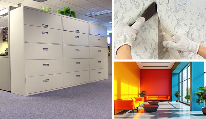 Commercial Interior Design Services Collage of a large file cabinet in an office cubicle, hands stripping wallpaper, and a modern, brightly colored office lobby with orange couches