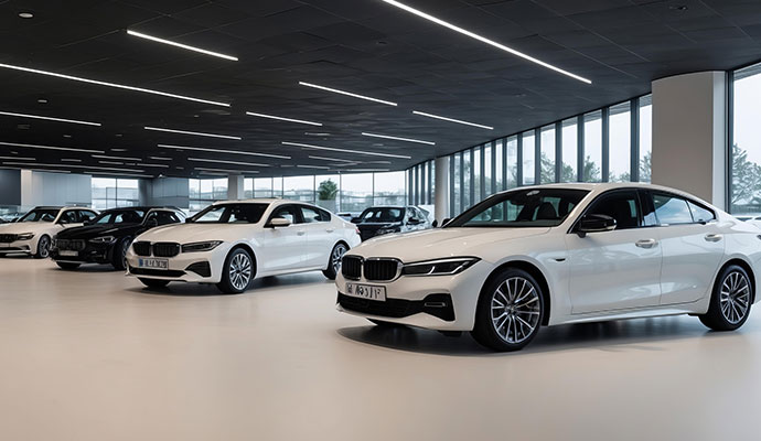 A line of white luxury cars in a modern showroom with professional dark ceiling paint and clean white flooring