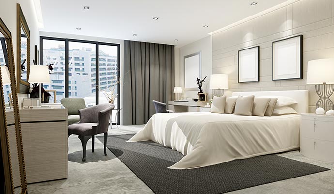 Well-decorated guest room with stained and sealed finishes