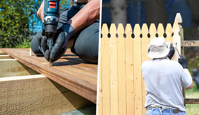 A collage shows on the left a person using a drill to install a wooden deck plank, and on the right, a person building a new wooden fence