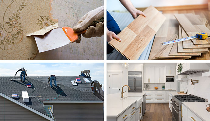 Major home renovation projects Collage of home renovation projects like roofing, flooring, and kitchen remodeling.