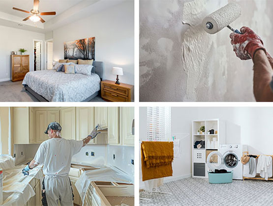 Collage of a finished bedroom, interior painting, and a laundry room.