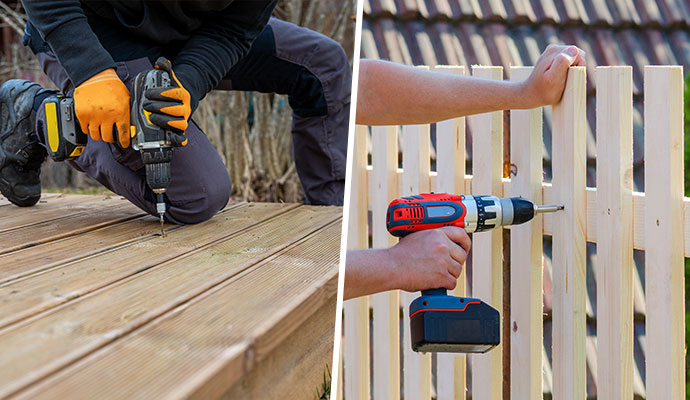 Collage of a worker building a wooden deck and a fence.