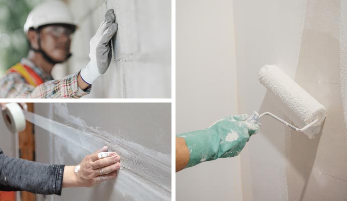 A collage of three images showing the wall finishing process: a worker inspecting a wall, hands applying joint compound to a seam, and a hand painting a wall with a roller.
