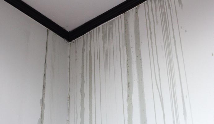 The corner of a room with dark water streak stains running down the white walls from a leak in the ceiling.